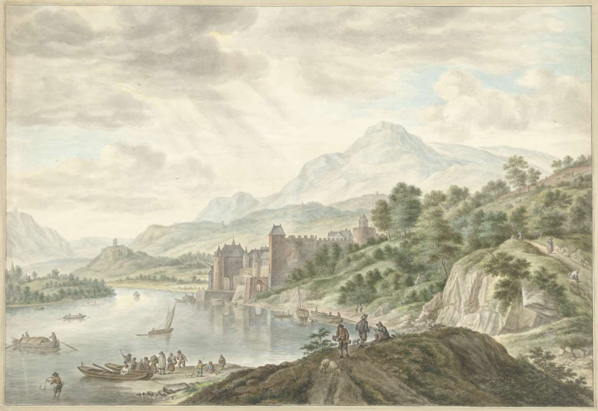 Hilly landscape with a castle on a river, Abraham Delfos, 1795