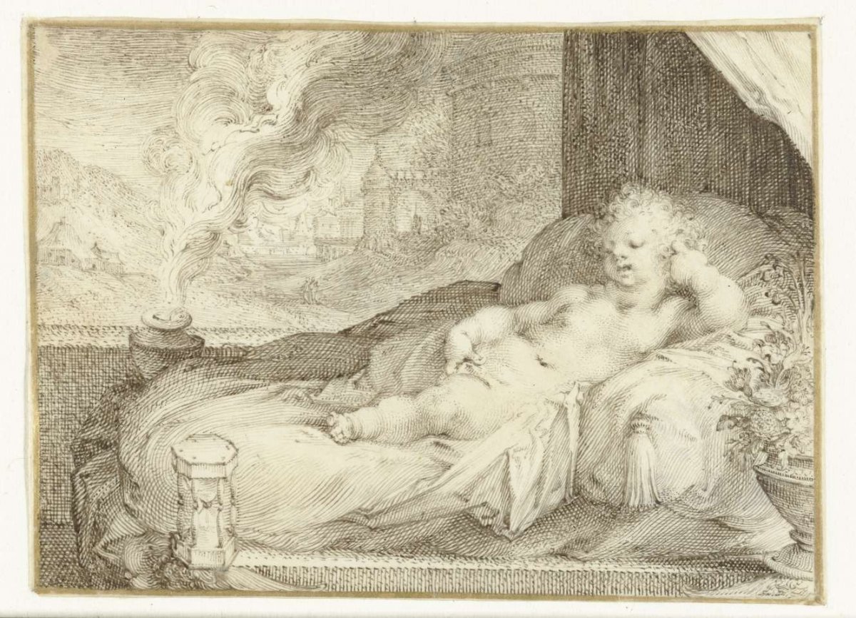 Putto lying on a bench, anonymous, 1575 - 1599
