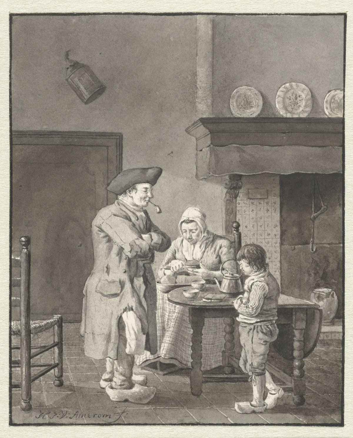 A mother cuts bread for her husband and son, Hendrik Jan van Amerom, 1786 - 1833