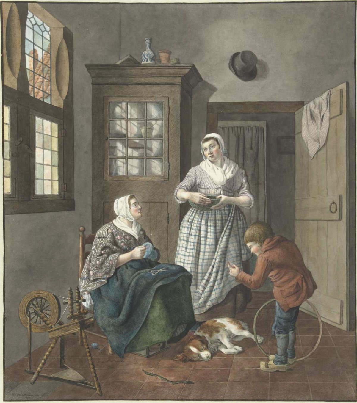 Interior with sewing woman, maid and boy playing, Hendrik Jan van Amerom, 1797