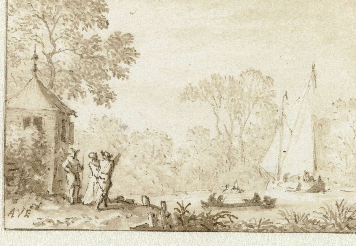 Landscape with three figures on the banks of a body of water, Allaert van Everdingen, c. 1631 - c. 1675
