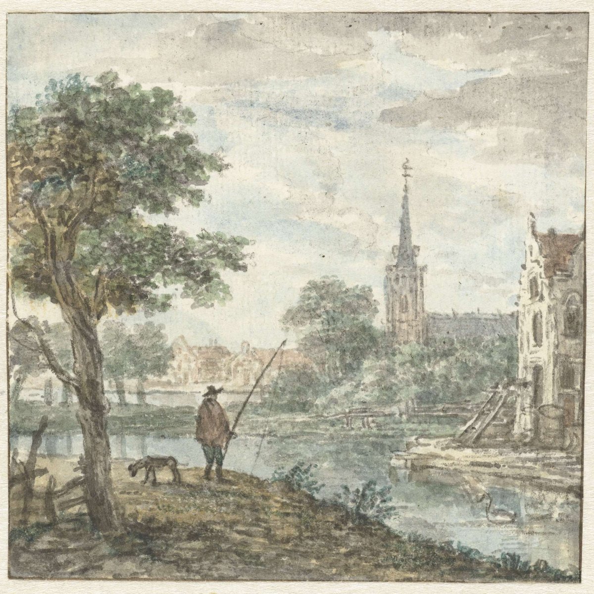 View of a town with an angler in the foreground, anonymous, c. 1700 - c. 1800