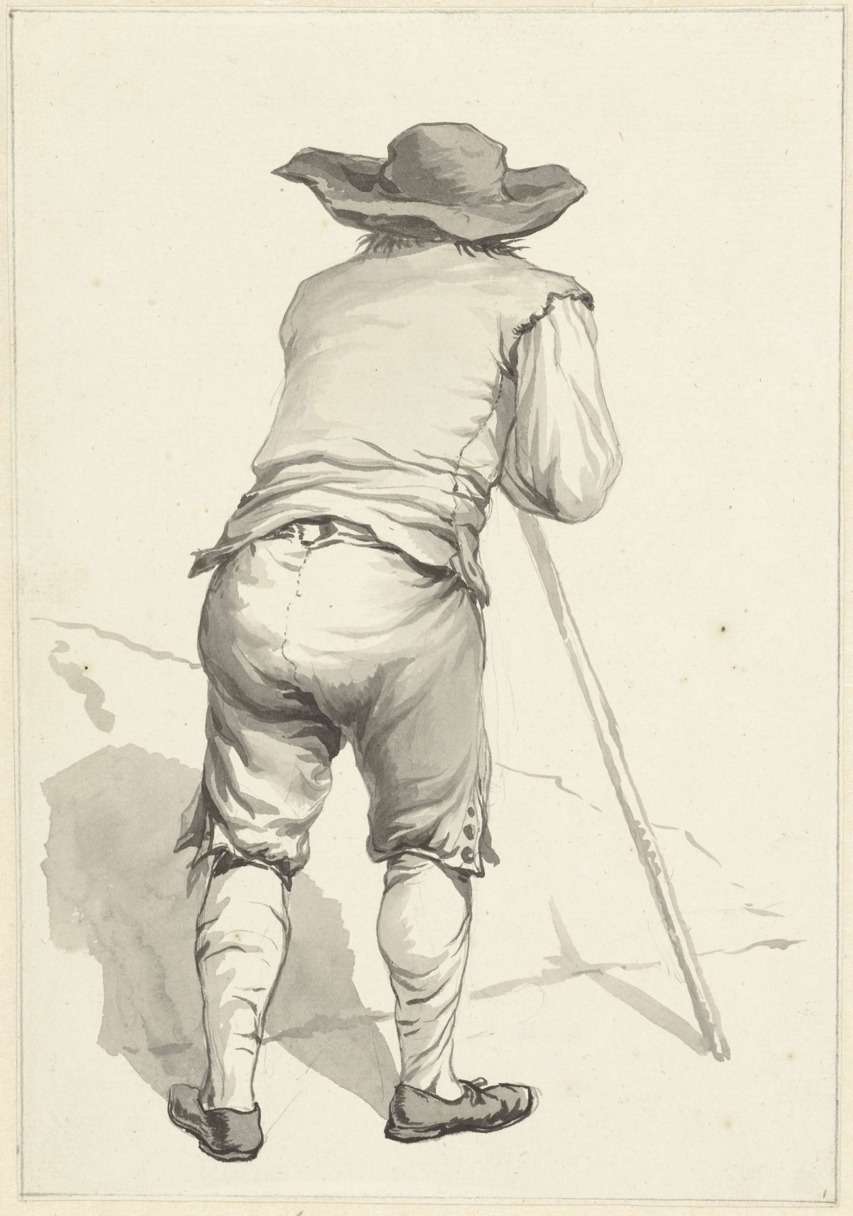 Man leaning forward on a stick, seen from behind, Abraham van Strij (I), 1763 - 1826
