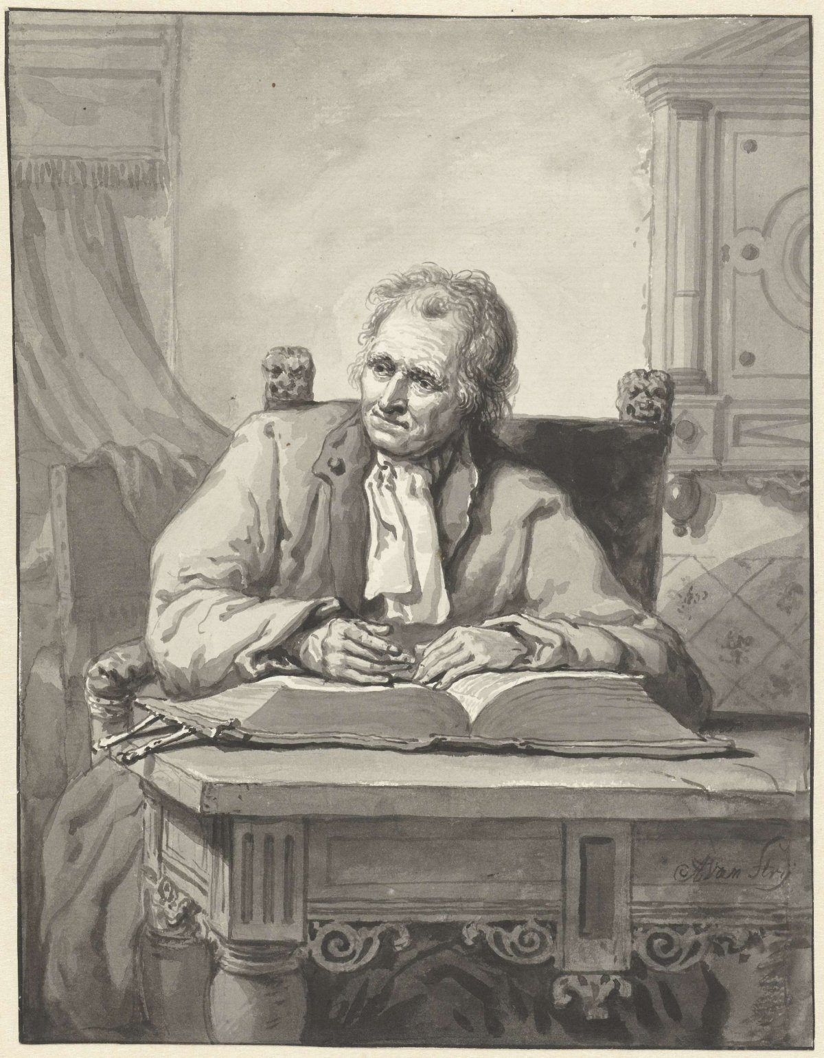 Seated man at a table with an open Bible, Abraham van Strij (I), 1787