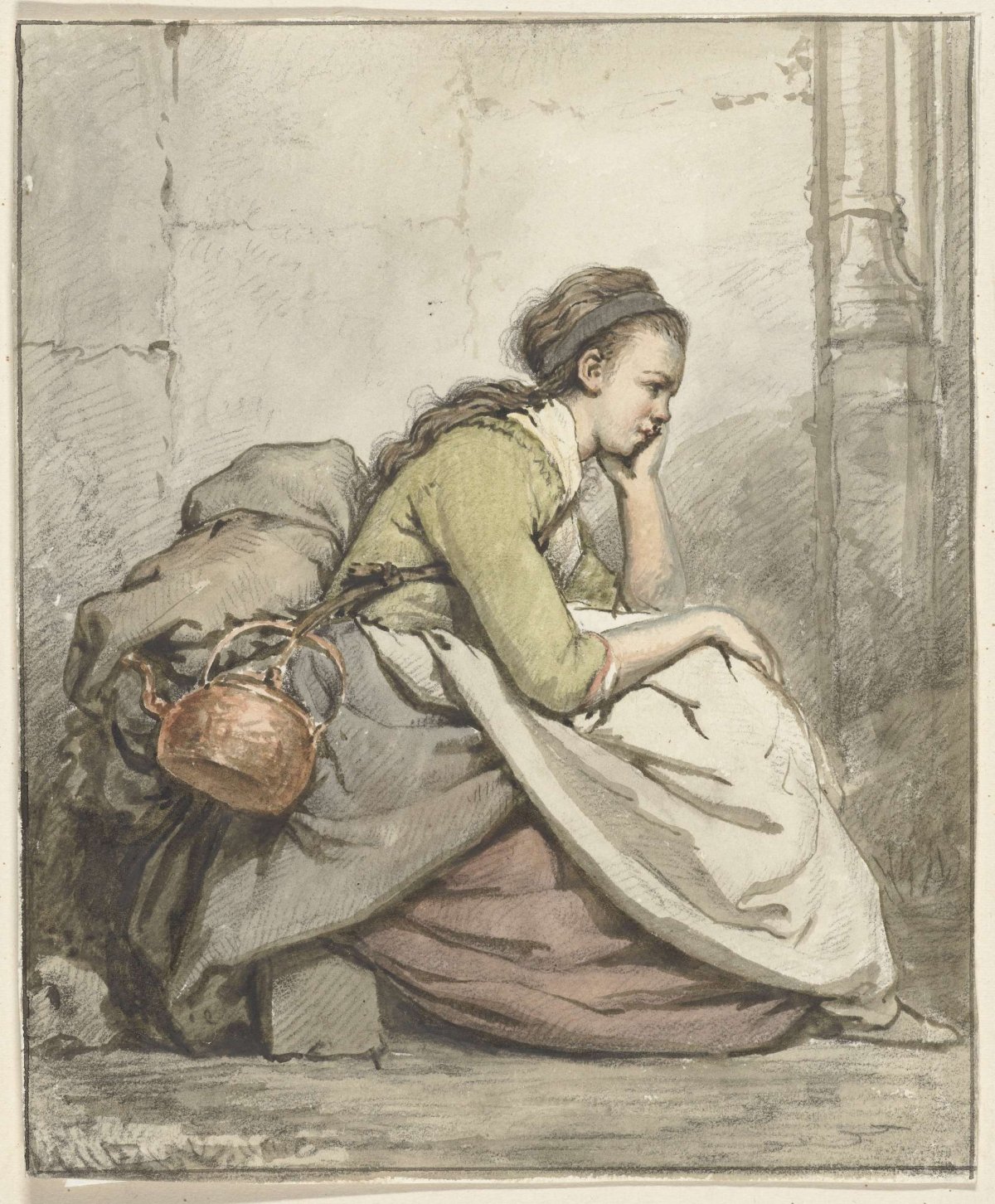 Seated woman holding a copper cauldron, Abraham van Strij (I), 1763 - 1826