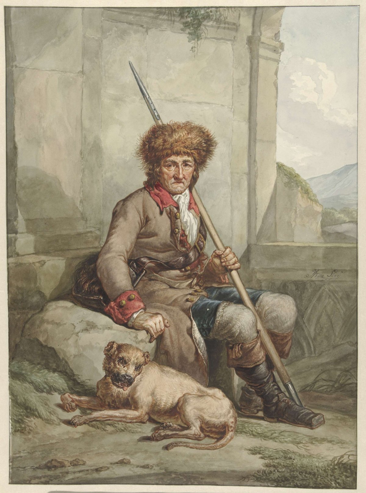 Seated hunter with fur hat, spear and weasel bag, Abraham van Strij (I), 1763 - 1826