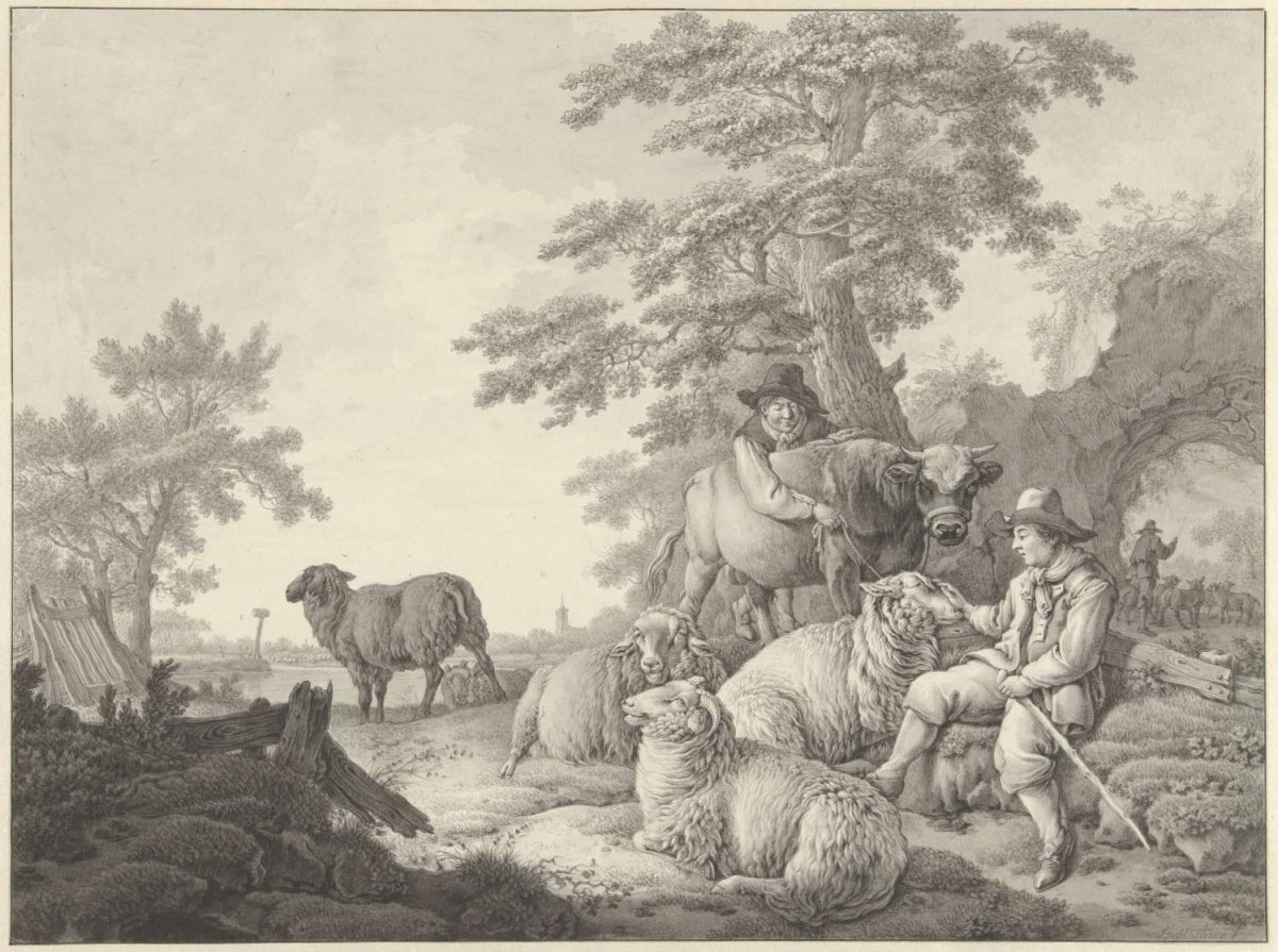 Shepherd with sheep and a boy with a young bull in a landscape, Barend Hendrik Thier, 1750 - 1811