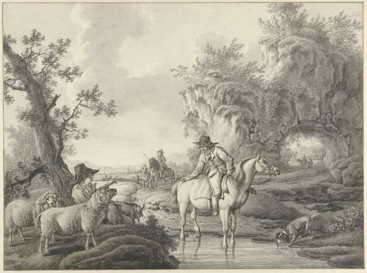 Landscape with a shepherd and a horseman near a pond, Barend Hendrik Thier, 1750 - 1811