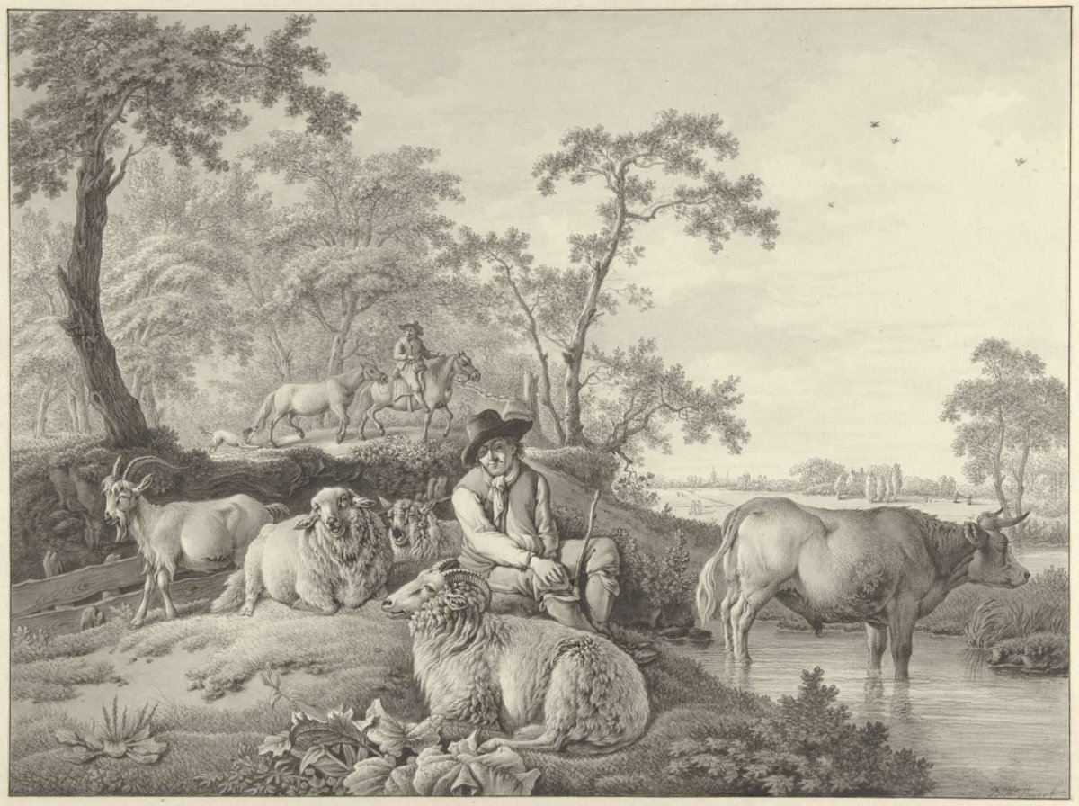 Shepherd with sheep, a goat and a young bull in a landscape, Barend Hendrik Thier, 1750 - 1811