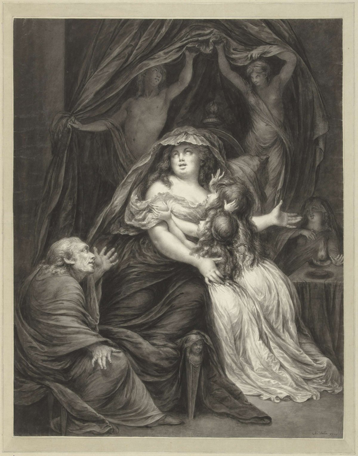 Seated old man near dismayed mother with two daughters, Nicolas Joseph Delin, 1799
