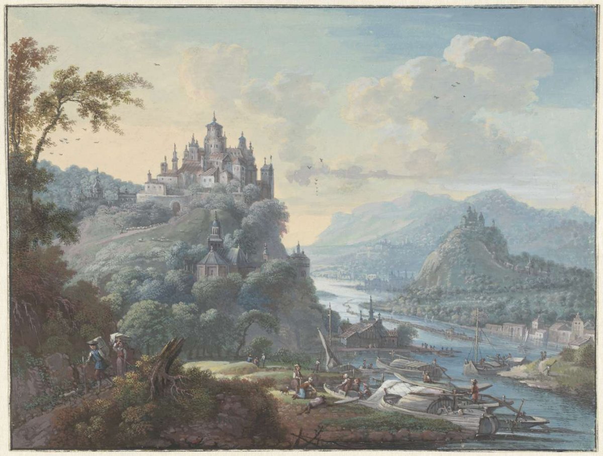 River landscape with a town on a hilltop, Willem Troost (I), 1694 - 1752