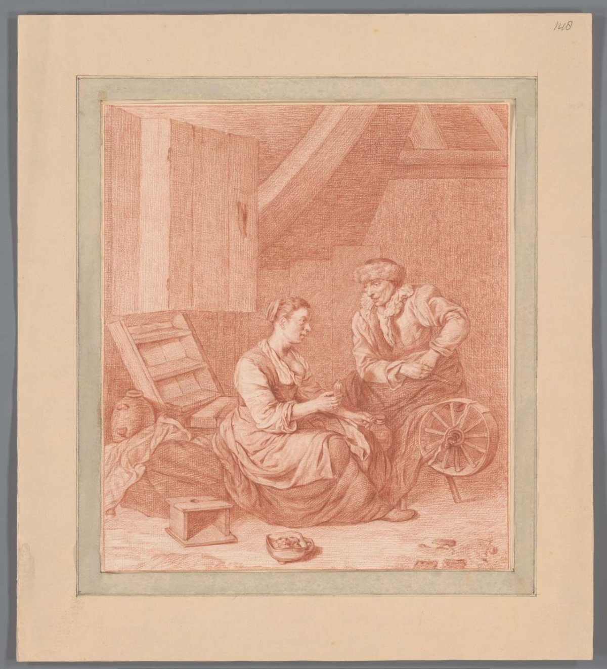 Interior with a young woman at a spinning wheel, anonymous, in or after 1662