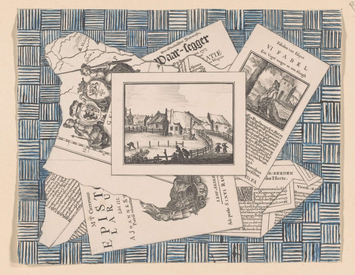 Cheat sheet with a print, part of a map and fragments of publications, anonymous, in or after 1757