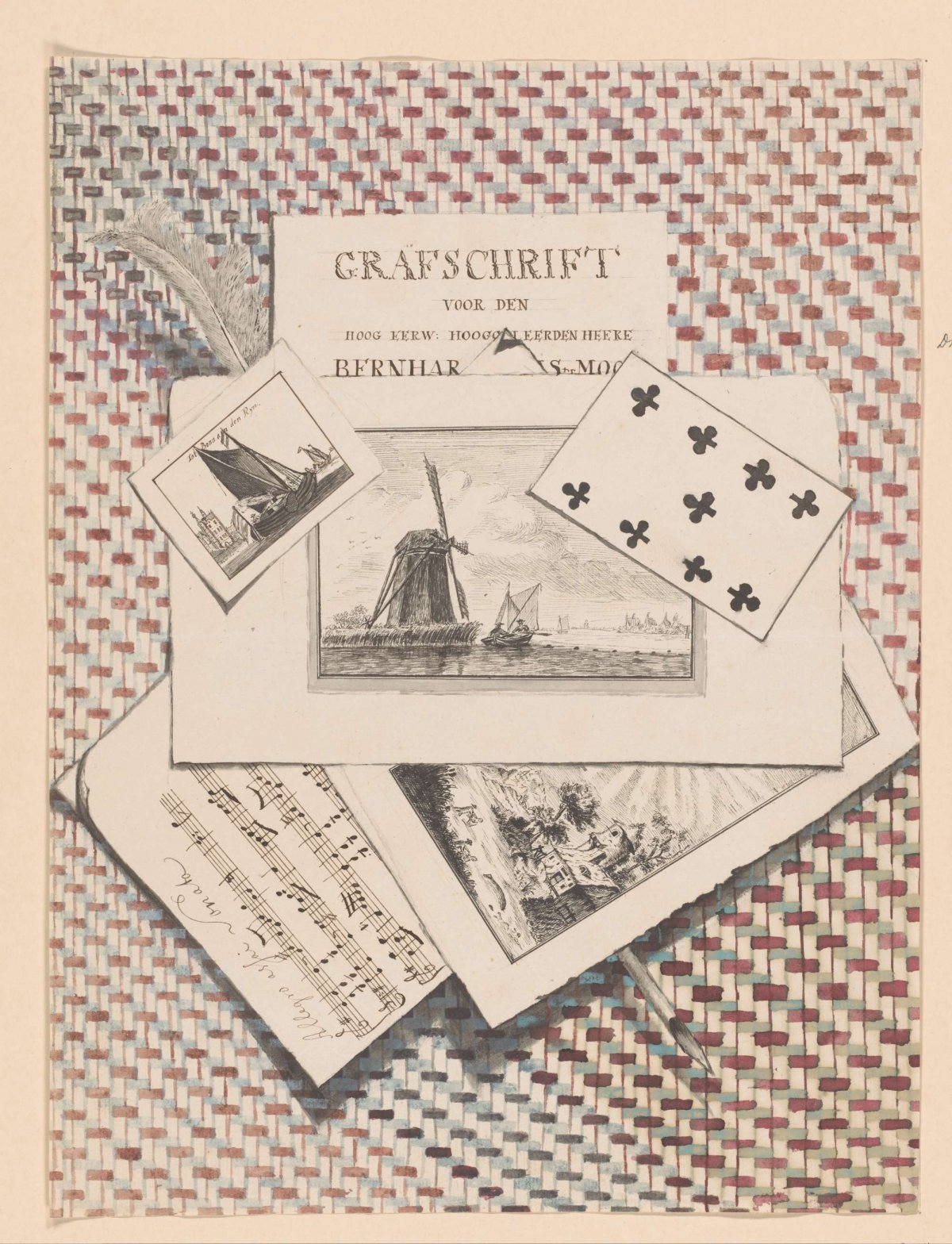 Cheat sheet with prints, an epitaph, sheet of music, playing card and feather, anonymous, in or after 1780