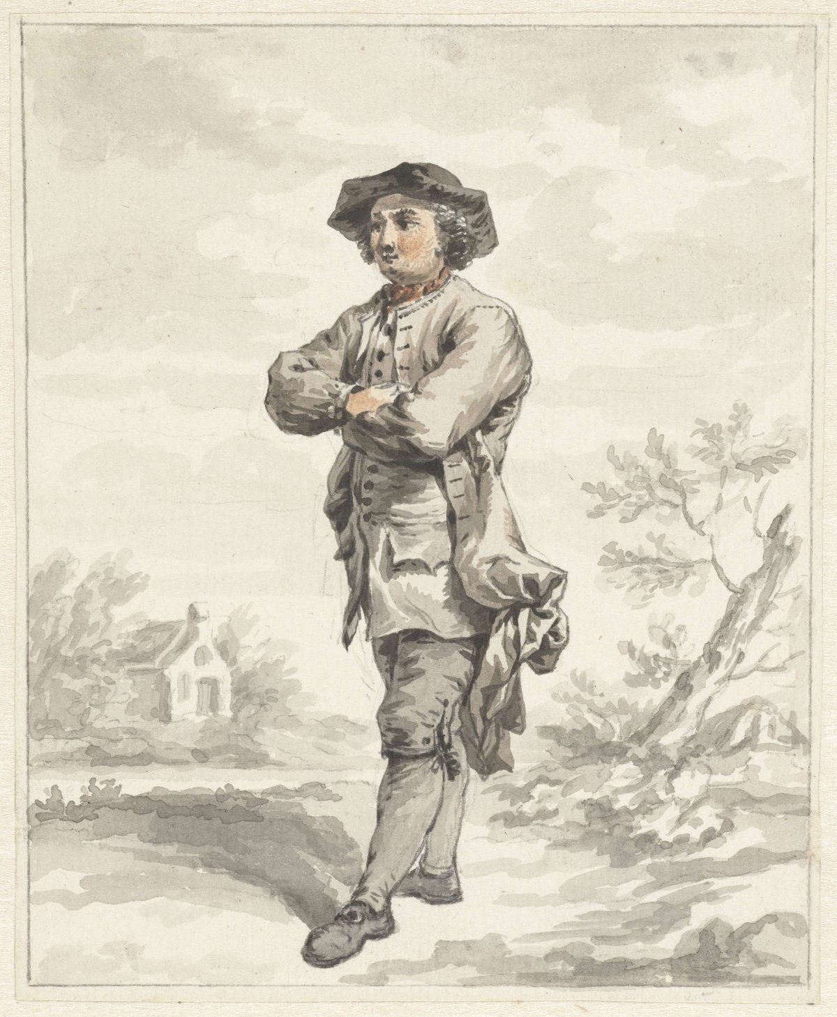 Standing man, arms crossed, facing left, Abraham van Strij (I), 1763 - 1826