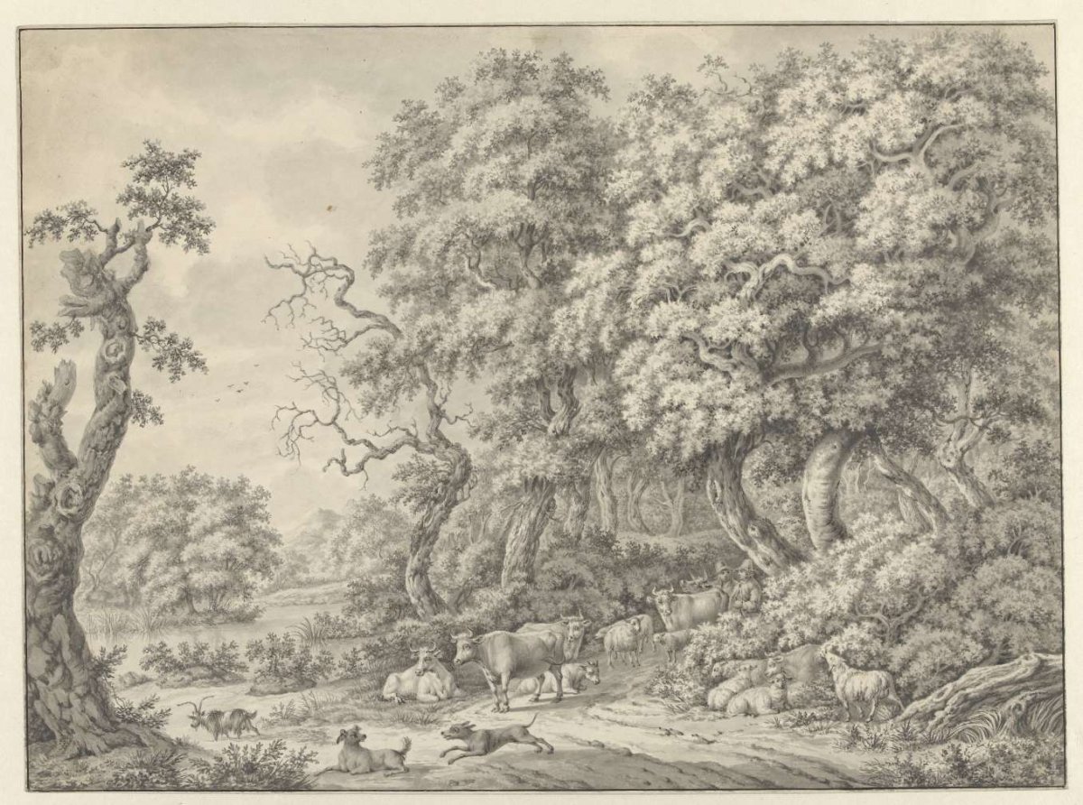 Forest landscape with cattle and two shepherds, anonymous, 1752 - 1819