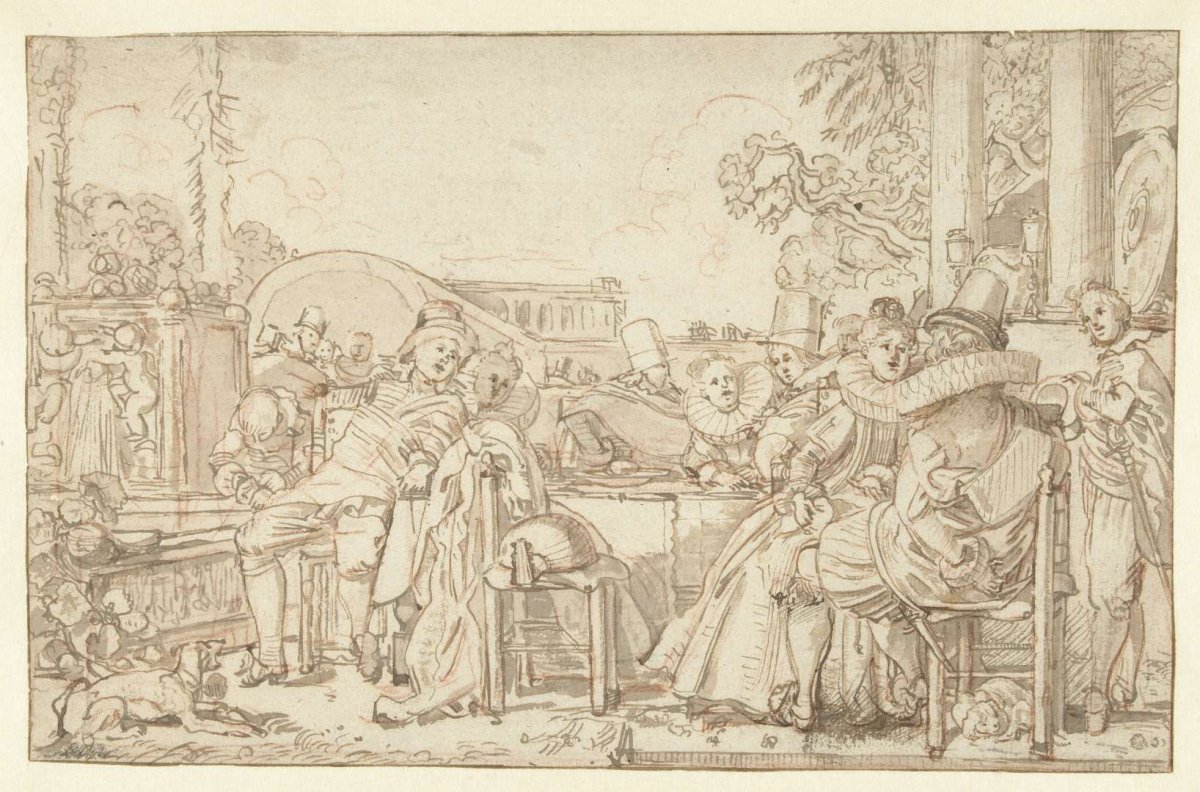 Merry company at table in the open air, Willem Pietersz Buytewech, 1600 - 1699