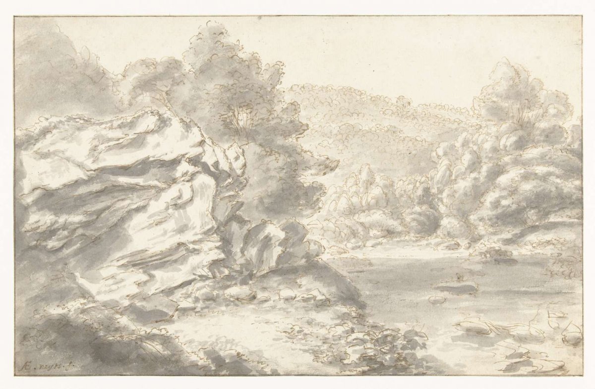 Rocks and river in hilly landscape, Gilles Neyts, 1633 - 1687