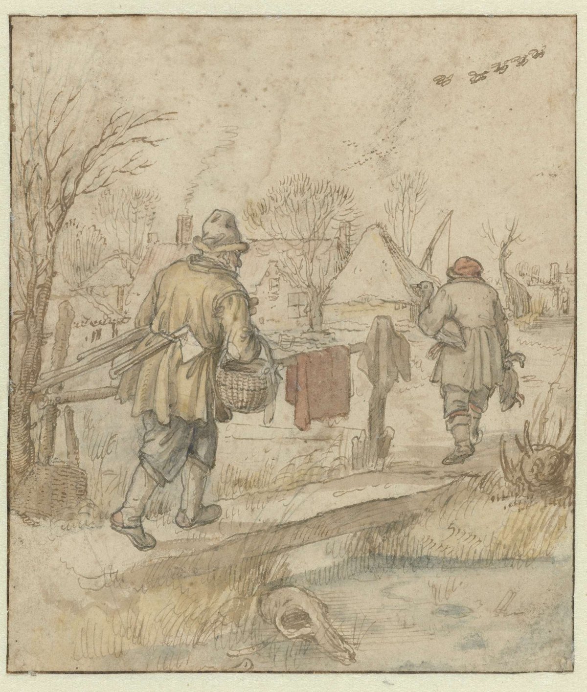 Return of the Duck Hunters / verso: Sketches of Ships and of a Man in Winter Clothing, Hendrick Avercamp, c. 1610 - c. 1615