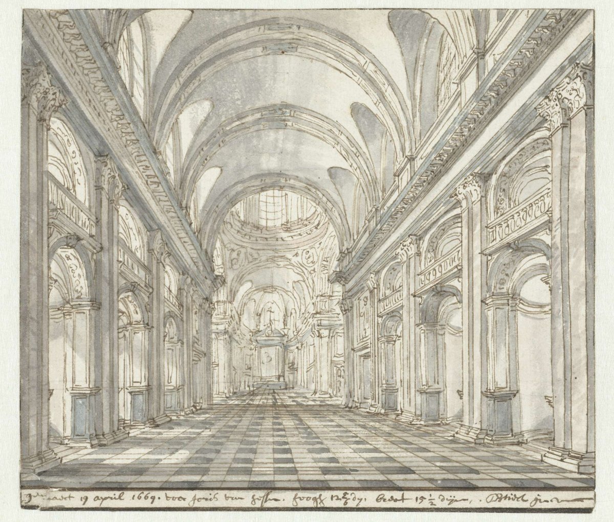 Interior of a Baroque church (St. Peter's, Rome?)., Daniël de Blieck, 1669