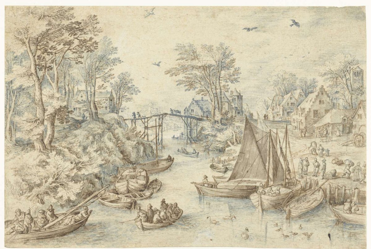 Village bisected by busy river, anonymous, 1595 - 1675
