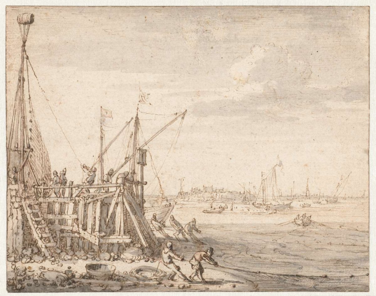Harbour jetty with fishermen hauling in their nets, Cornelis Claesz van Wieringen, 1590 - 1633