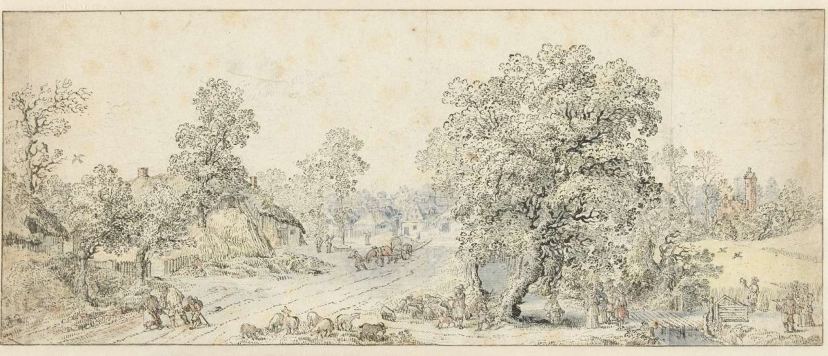 Landscape with hikers, a shepherd and many other figures, anonymous, 1600 - 1699