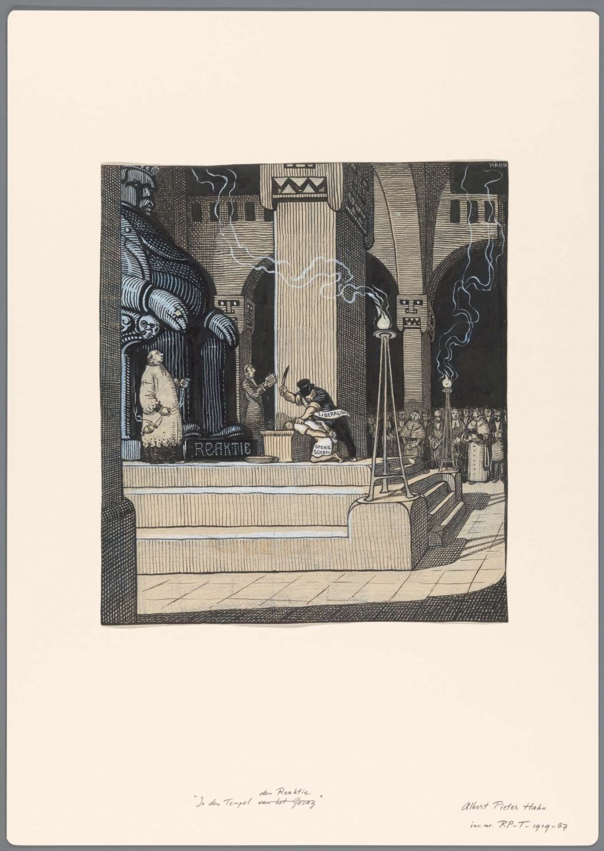 Draft political cartoon: Liberalism's sacrifice of the Public School, Albert Hahn (I), 1887 - 1919