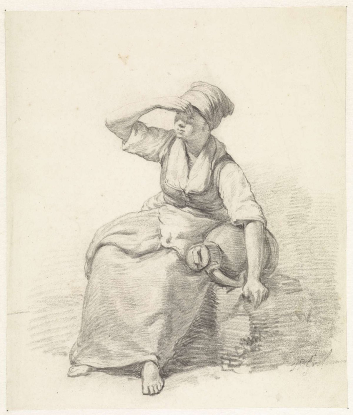 Seated woman with milk churn, Johan Paul Constantinus Grolman, 1851 - 1920