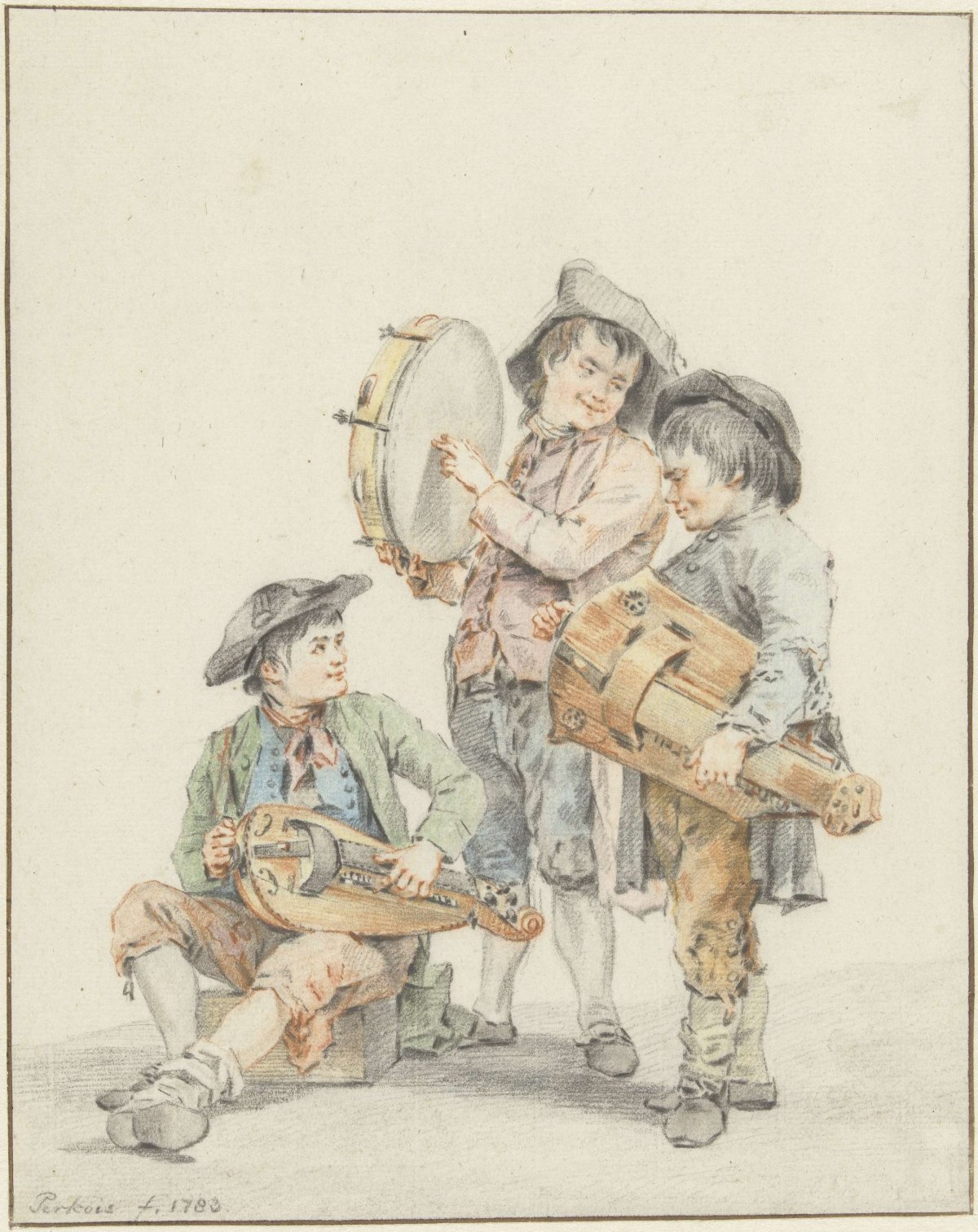 Three boys with musical instruments, Jacob Perkois, 1783