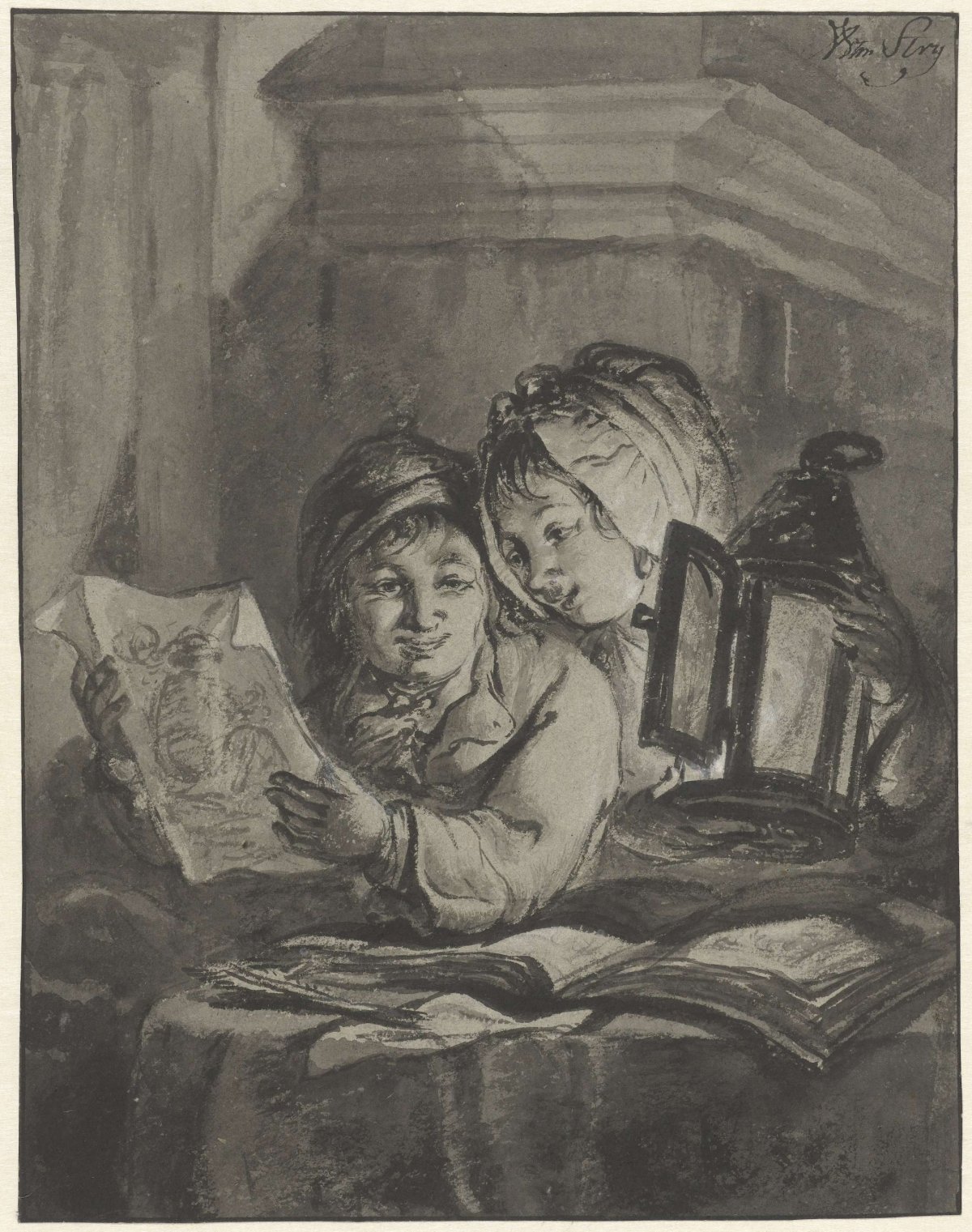 Two reading children with a lantern, Abraham van Strij (I), 1763 - 1826