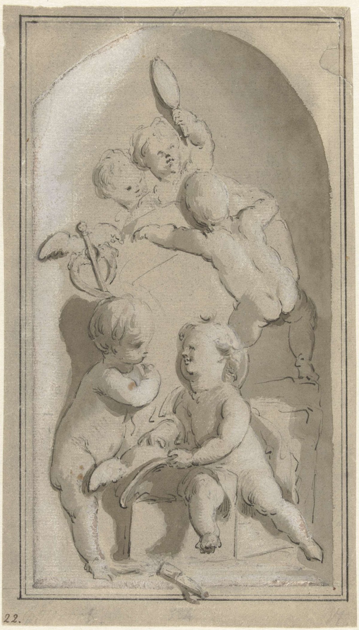 Allegory with five putti with the attributes of Mercury, anonymous, 1705 - 1754