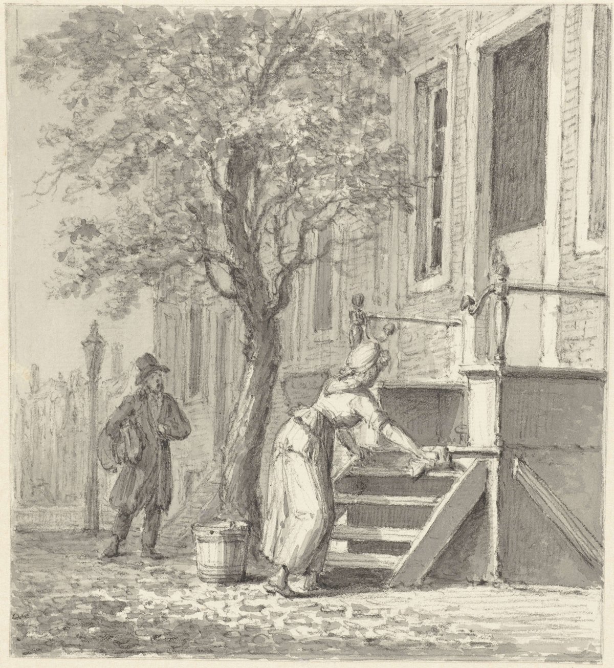 A maid busy cleaning a staircase in front of a house, Johannes Jelgerhuis, 1780 - 1836