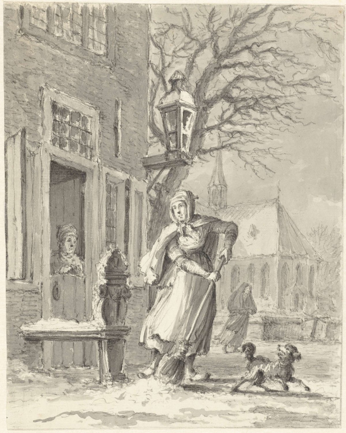 A maid clears snow in front of a house, Johannes Jelgerhuis, 1780 - 1836