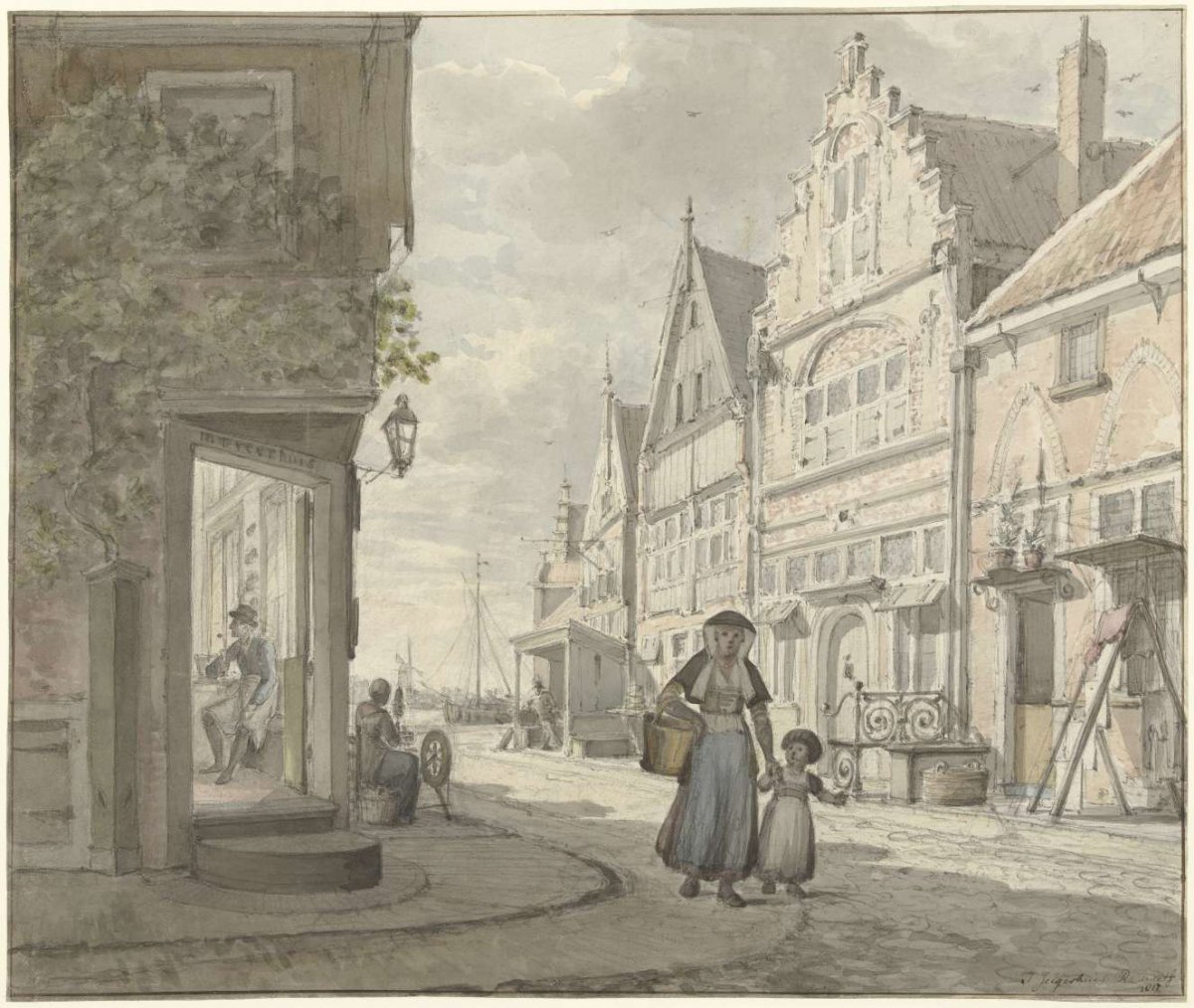 Woman and a child walk down the street in a fishing village, Johannes Jelgerhuis, 1817