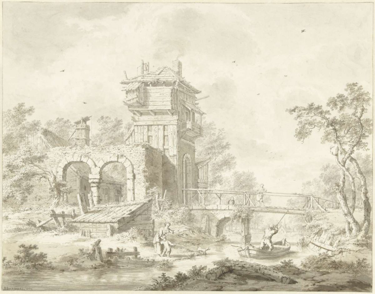 Dilapidated gatehouse with bridge, Bartholomeus Barbiers, 1784