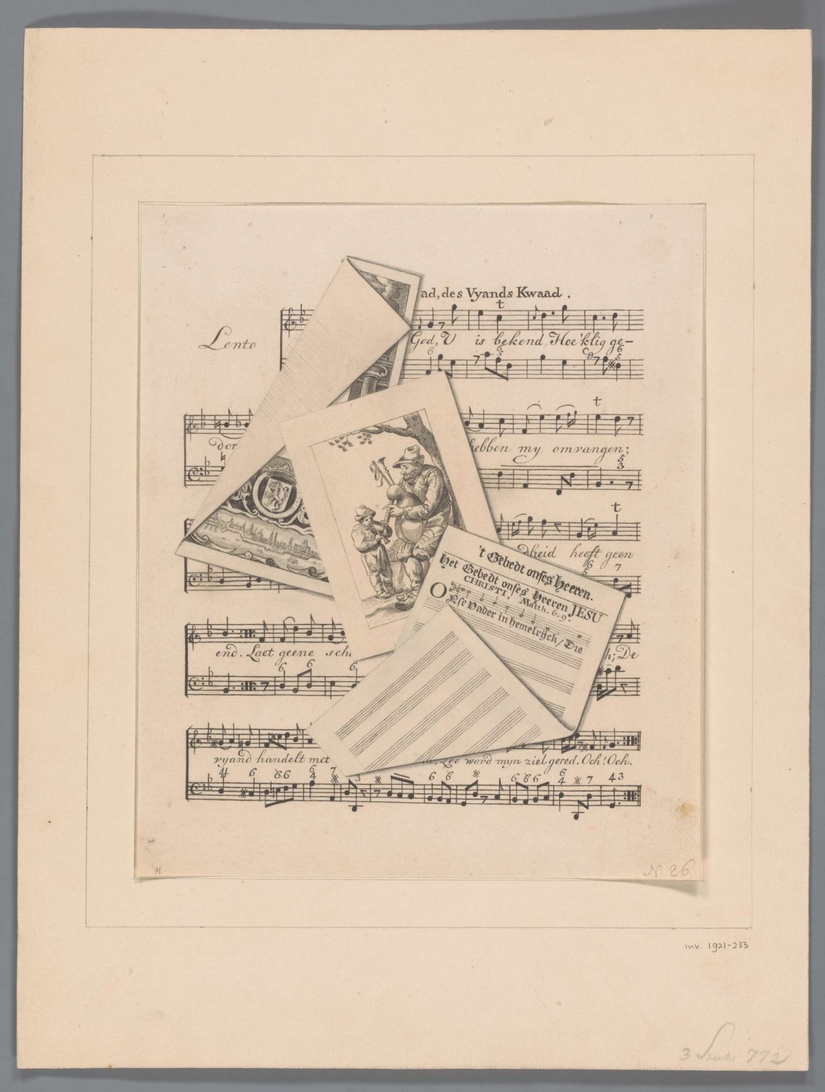 Cheat sheet with two prints and two sheets of music, anonymous, 1700 - 1799