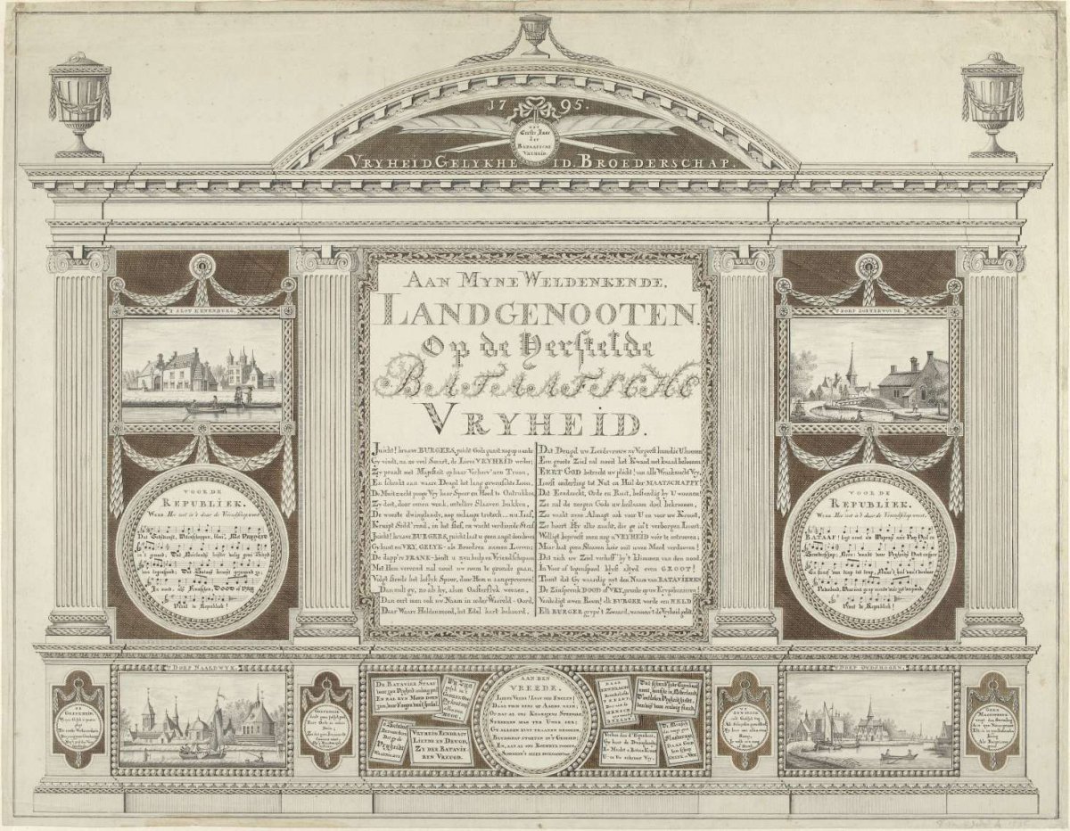Verse in ornamental frame with songs and village scenes in honor of the Revolution in 1795, anonymous, 1795