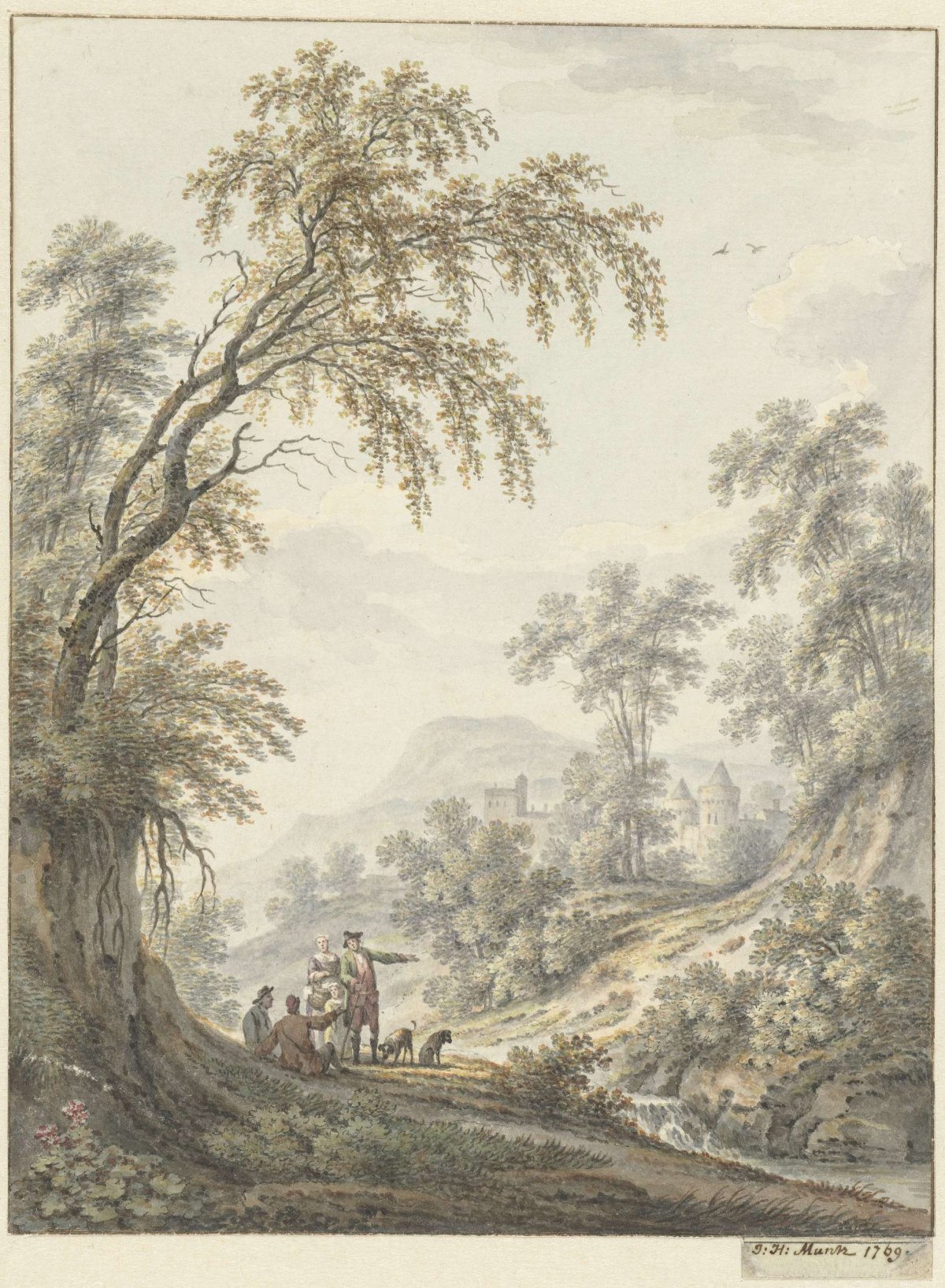 Landscape with waterfall and a castle in the distance, Johann Heinrich Müntz, 1769