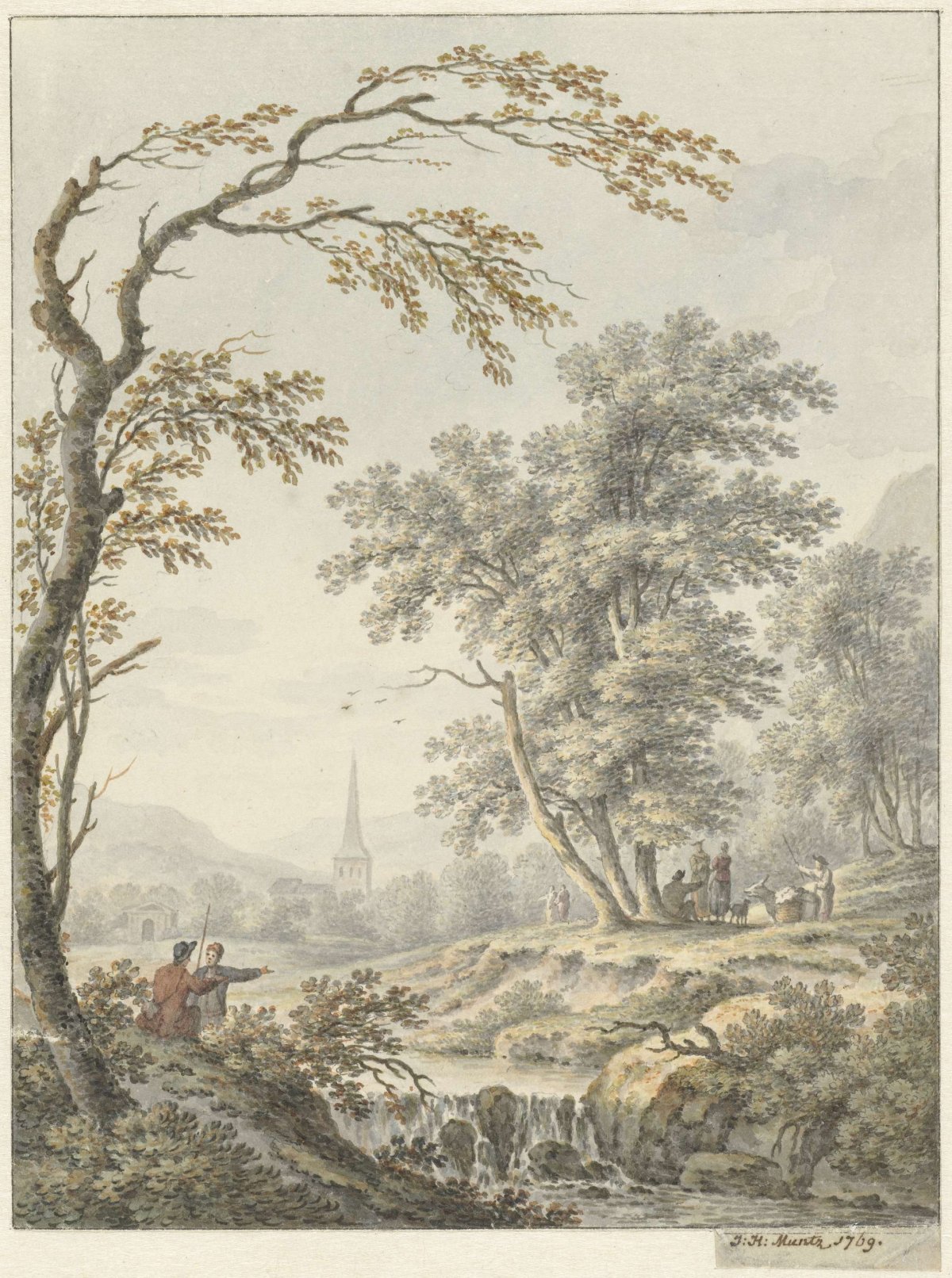 Landscape with waterfall and a church in the distance, Johann Heinrich Müntz, 1769