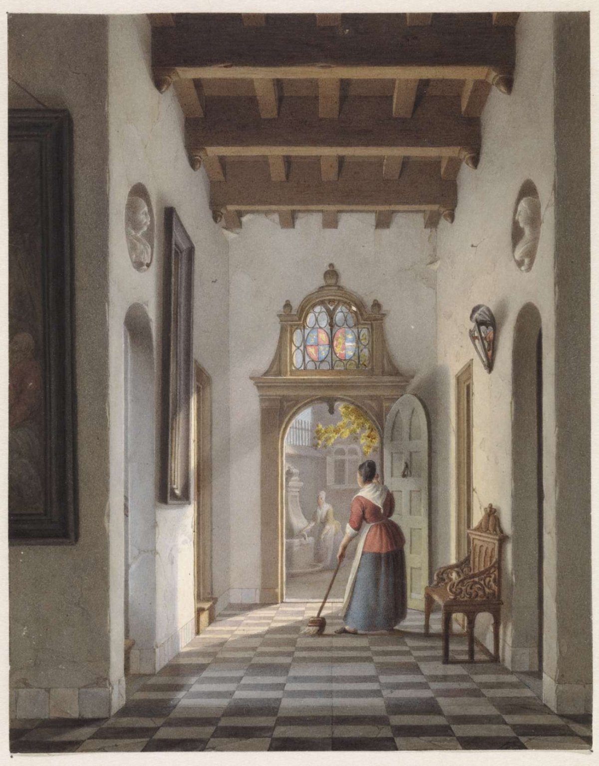 Maid Sweeping the Hallway of a House, Louis Henri de Fontenay, 1837