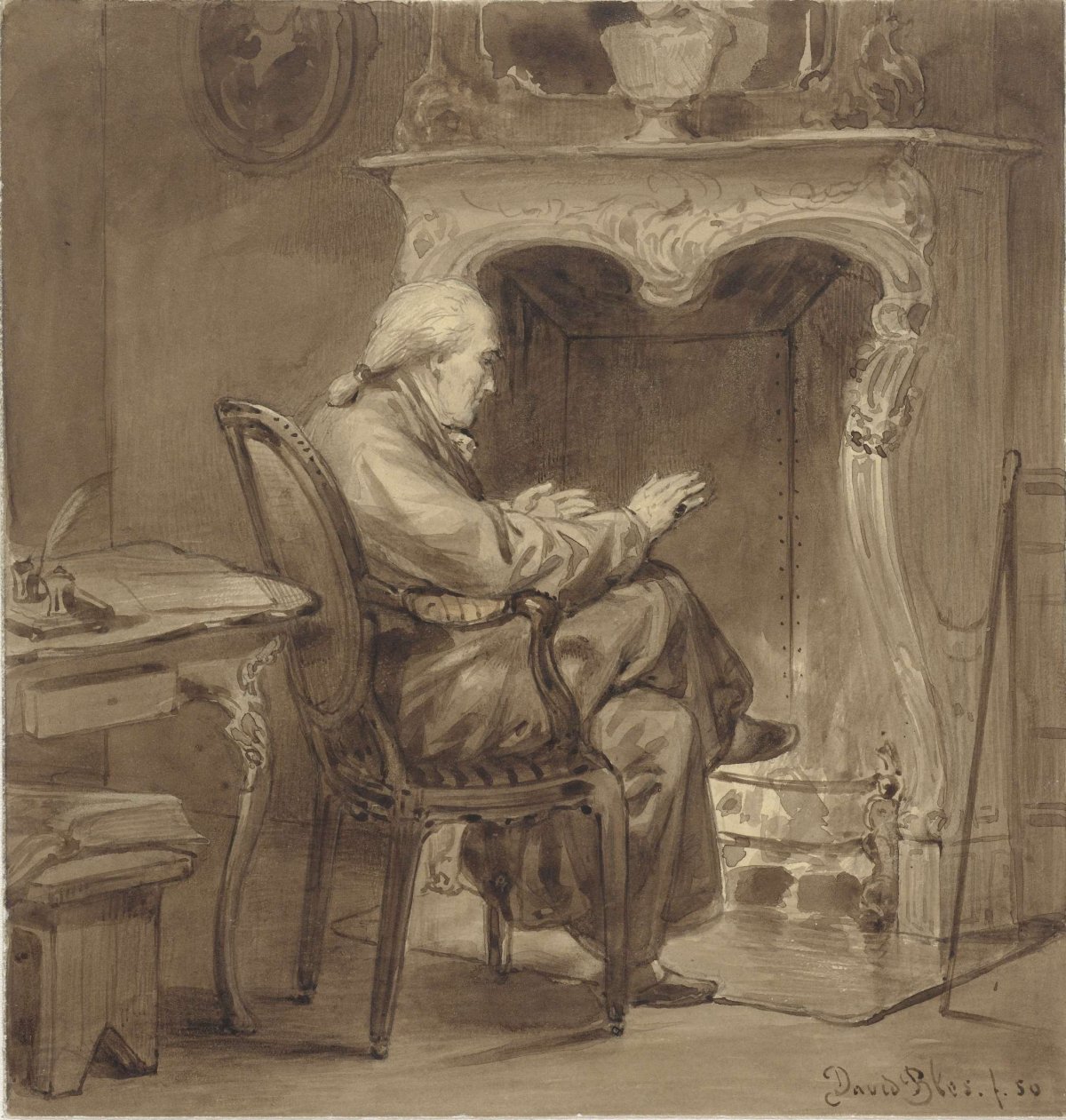 Old man warms himself by the fireplace, David Bles, 1850