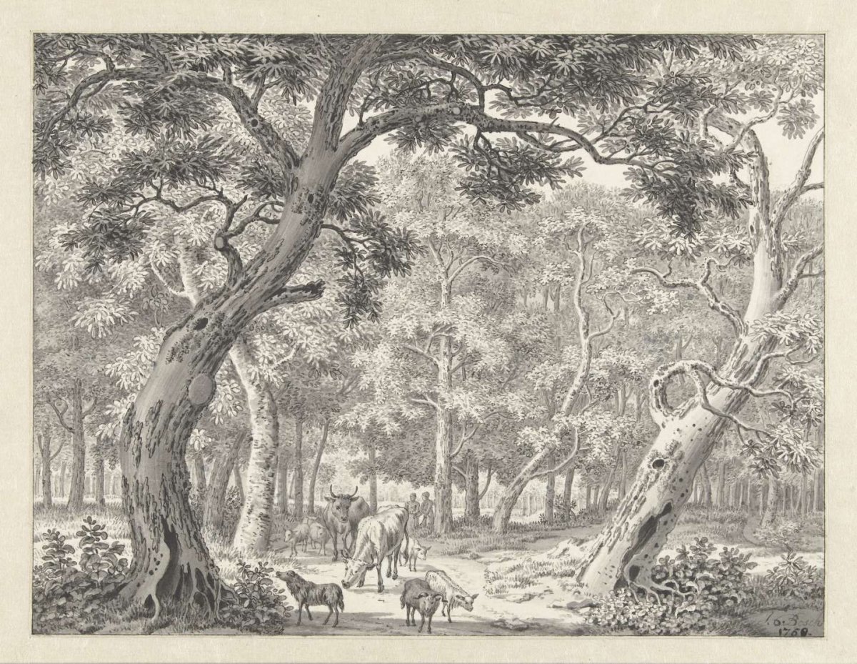 Forest view with cattle on a path, Johannes de Bosch, 1760