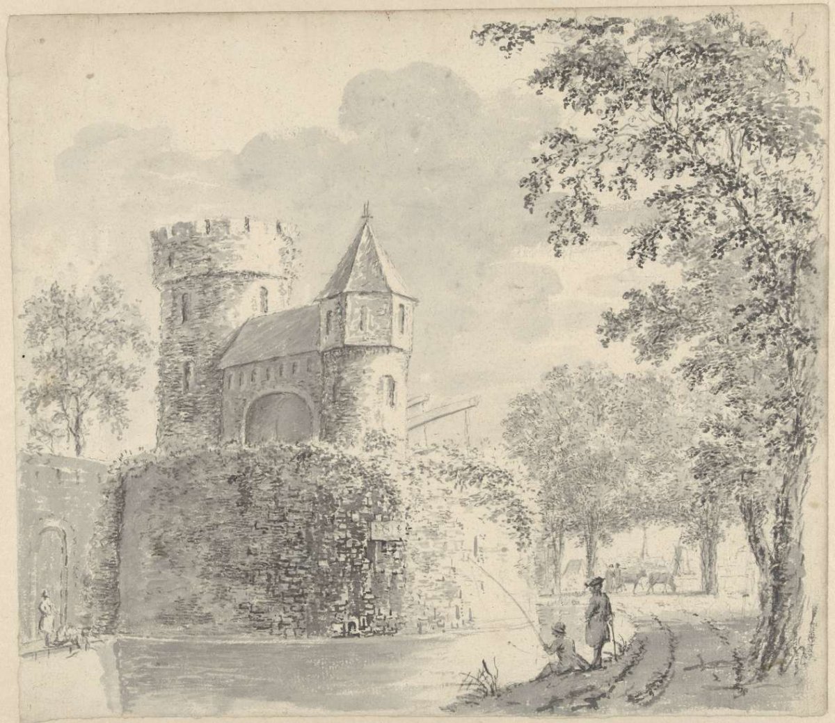 City gate and a fisherman, anonymous, 1700 - 1800