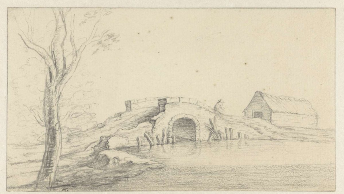 Landscape with dilapidated stone bridge, Hendrik Chalon, 1700 - 1790