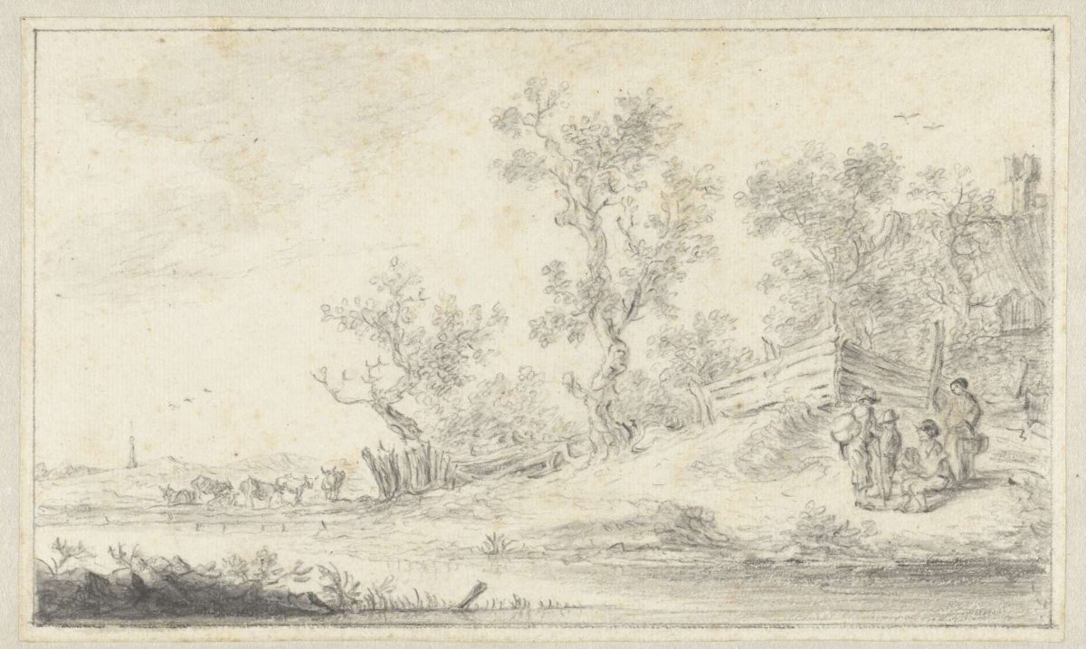 Landscape with a group of four people, left cattle, Hendrik Chalon, 1700 - 1790