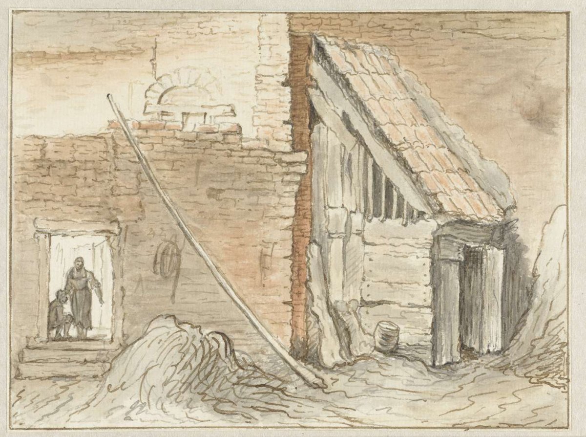 Barn built in the corner of a wall, Hendrik Chalon, 1700 - 1790