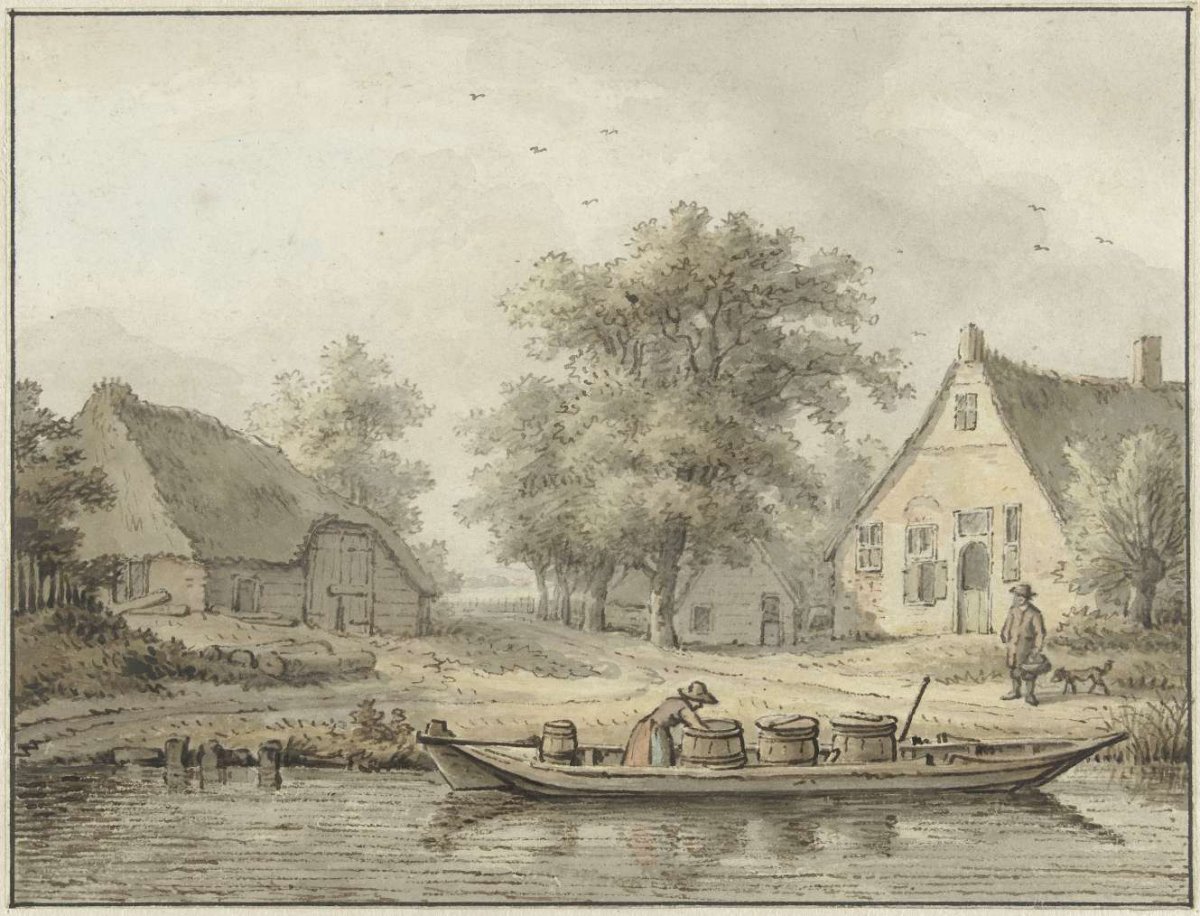 Landscape with moored barge with barrels, Cornelis Buys, 1756 - 1826