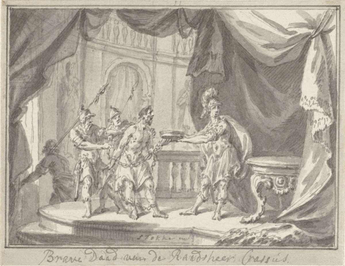 Brave act of the councilor Crassus, Simon Fokke, c. 1722 - c. 1784