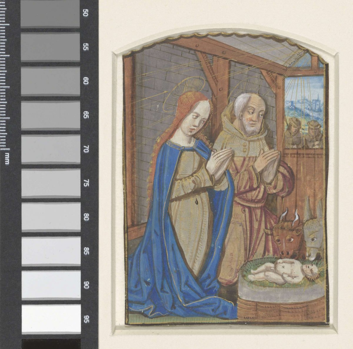 Miniature from a book of hours: adoration by Mary and Joseph, anonymous, 1475 - 1500